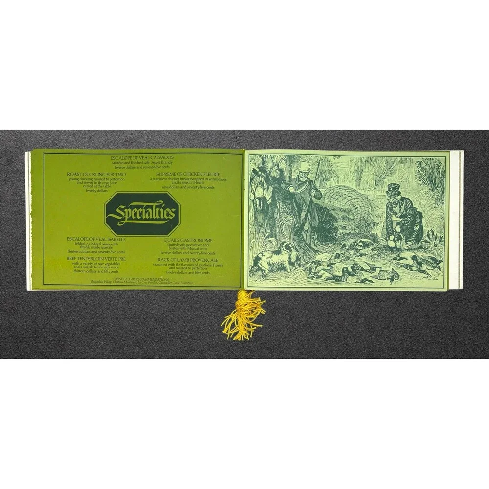 Vtg Truffles Cafe Menu Booklet Illustrated Green French Cuisine Ephemera Tassel
